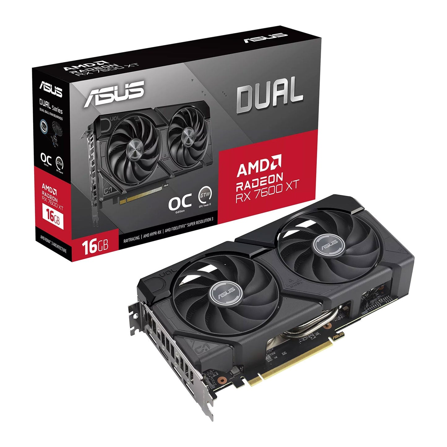 Asus DUAL Radeon RX 7600 XT OC, PCIe4, 16GB GDDR6, HDMI, 3 DP, 2801MHz Clock, Overclocked - WebDuke Computers