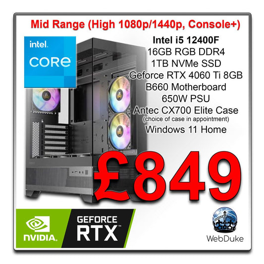 Mid Range Gaming PC - Intel i5 12400F Geforce RTX 4060 Ti 8GB - WebDuke Computers