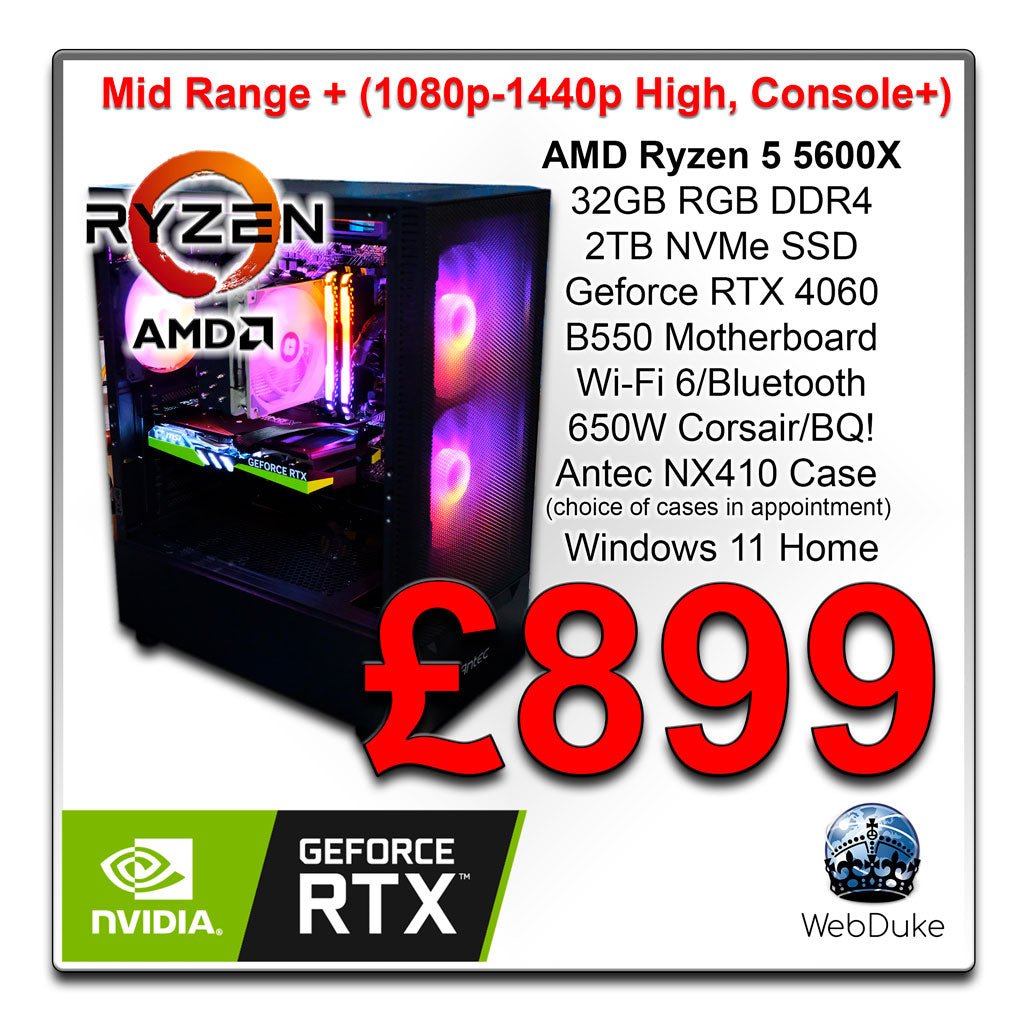 Mid Range Gaming PC - Ryzen 5 5600X Geforce RTX 4060 - UPGRADED - WebDuke Computers