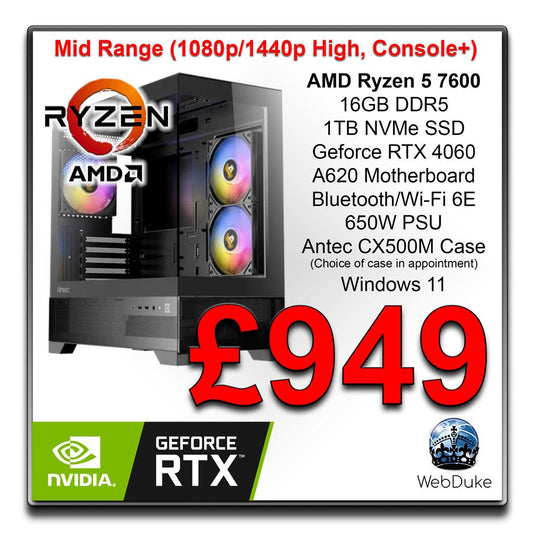 Mid Range Gaming PC - Ryzen 5 7600 RTX 4060 - WebDuke Computers