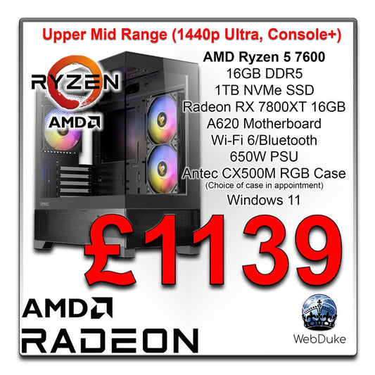 Upper Mid Range Gaming PC - Ryzen 5 7600 Radeon RX 7800XT - WebDuke Computers