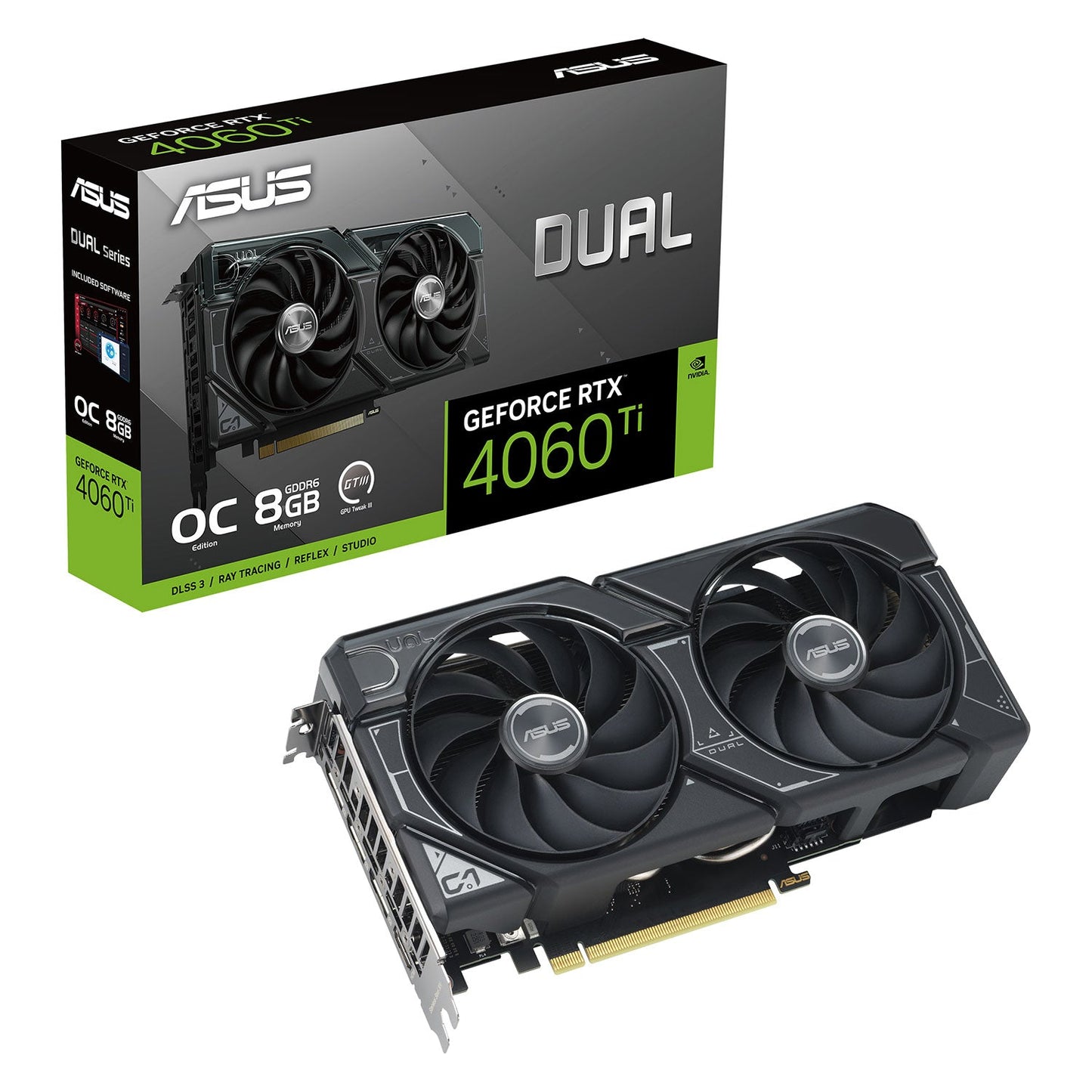 Asus DUAL RTX4060 Ti OC, PCIe4, 8GB DDR6, HDMI, 3 DP, 2595MHz Clock, Overclocked - WebDuke Computers